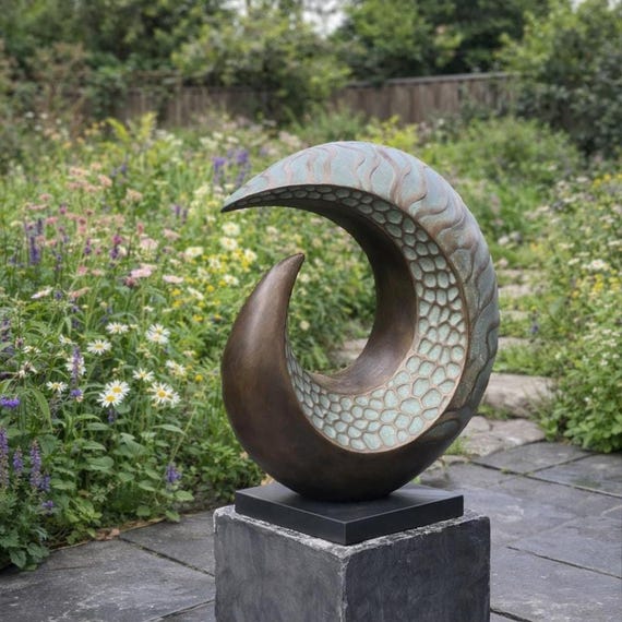 Garden sculpture abstract, modern bronze with verdigris patina statue, 50cm / 20in. Shoreline