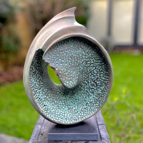 Abstract Bronze Outdoor Sculpture, Verdigris Patina Shell Statue 52cm