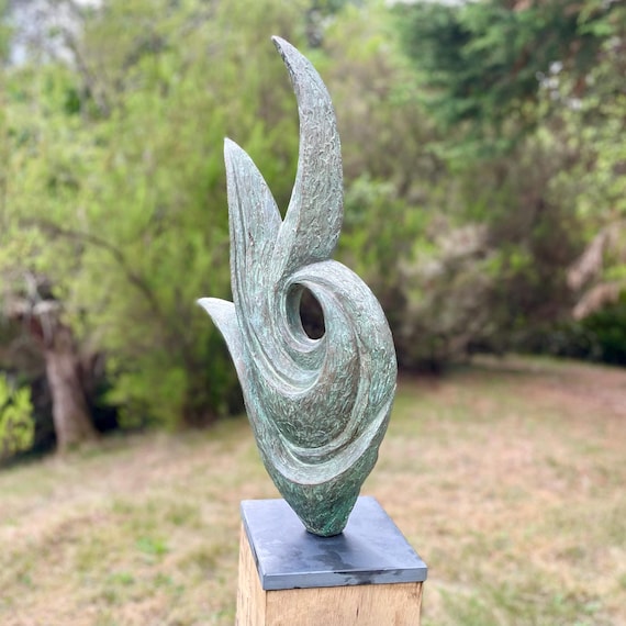 Garden sculpture abstract, Bronze with verdigris patina modern statue, 66cm / 26 inch, Rise