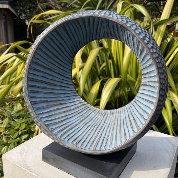 Bronze contemporary outdoor sculpture, abstract garden sculpture, garden sculpture decor, organic sculpture 'Erosion' blue patination