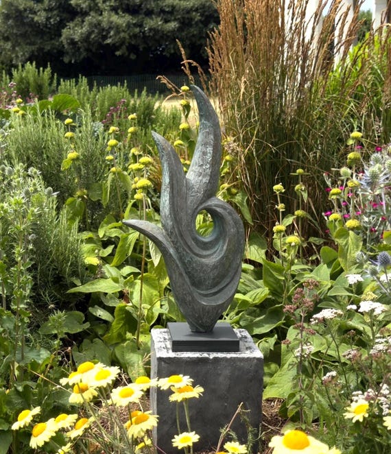 Garden sculpture abstract, Bronze with verdigris patina modern statue, 66cm / 26 inch, Rise