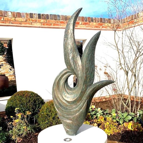 Garden sculpture abstract, Bronze with verdigris patina modern statue, 66cm / 26 inch, Rise