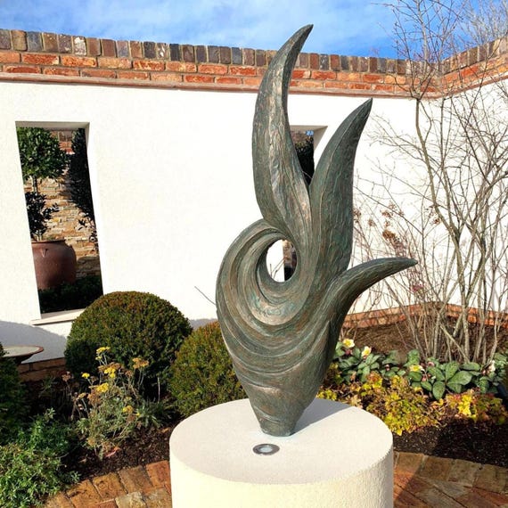 Garden sculpture abstract, Bronze with verdigris patina modern statue, 66cm / 26 inch, Rise