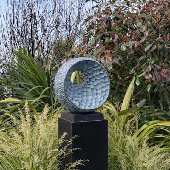 Garden Sculpture abstract, outdoor bronze with blue patina modern statue - 31cm / 12in Echo