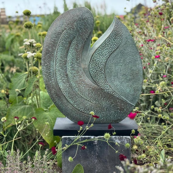 Garden sculpture abstract: bronze with verdigris patina outdoor statue, 50cm / 20in. Meander Sculpture