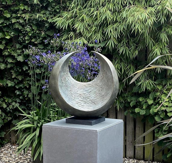 Outdoor garden sculpture, bronze with verdigris patina abstract crescent statue: 50cm / 20 in.