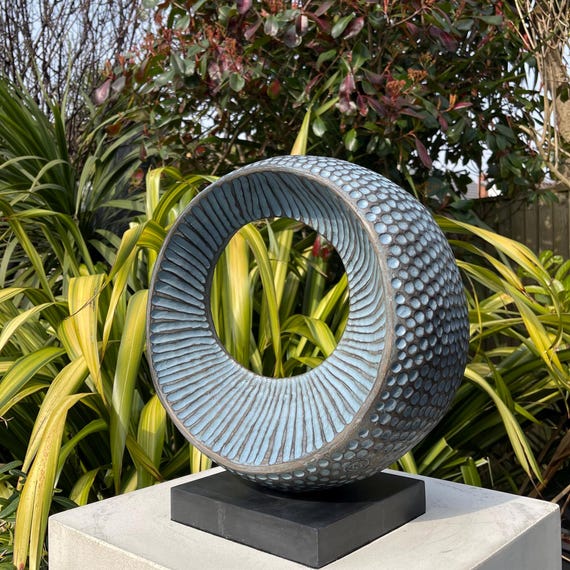 Garden sculpture, abstract bronze with verdigris patina: 32cm / 13in. garden art