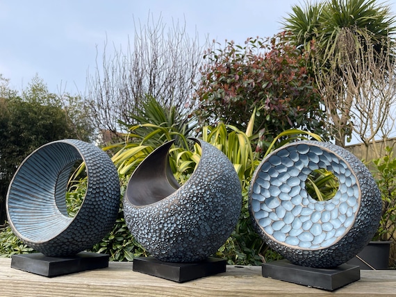 Set of three contemporary sculpture , modern outdoor statue art, blue garden sculpture decor, bronze organic sculpture