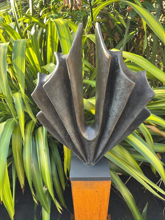 Outdoor garden sculpture modern: bronze with verdigris patina abstract statue, 70cm / 28in. height, 'Unwavering'