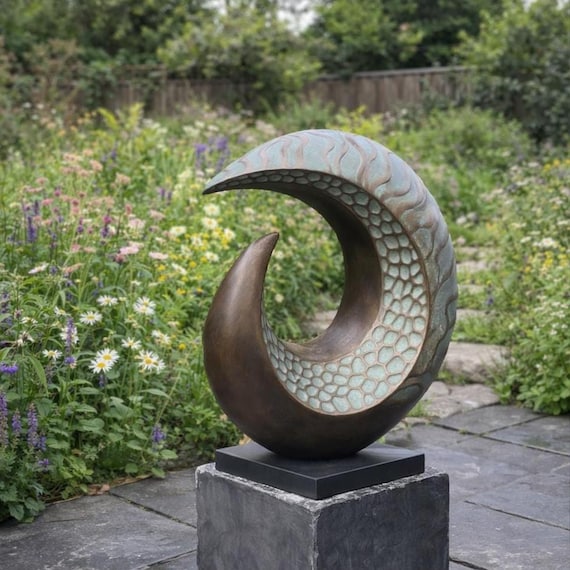 Outdoor garden sculpture, modern bronze with verdigris patina statue, 50cm /20 in 'Shoreline'