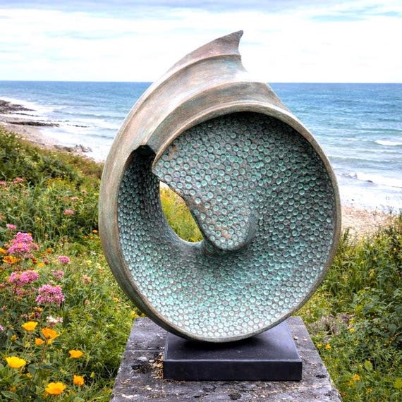 Garden sculpture abstract, modern shell statue, bronze with verdigris patina sculpture 52cm, outdoor decor