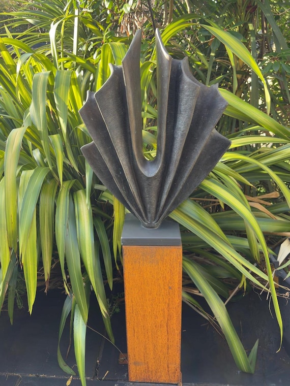 Outdoor garden sculpture modern: bronze with verdigris patina abstract statue, 70cm / 28in. height, 'Unwavering'