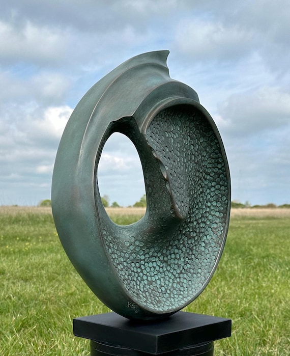 Garden sculpture abstract, modern shell statue, bronze with verdigris patina sculpture 52cm, outdoor decor