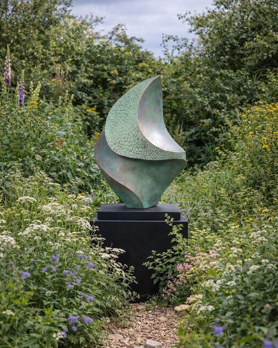 Garden Sculpture outdoor, bronze with verdigris patina modern statue - 'Breeze' height 55cm (21.5 inch)