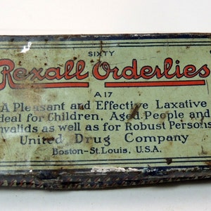 Rexall Orderlies  Laxative Tin Litho Box  Decorative, Advertising  kitchen storage decor, retro, spice