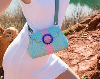 MINI bag in wood - Belt mini bag in mint and pink