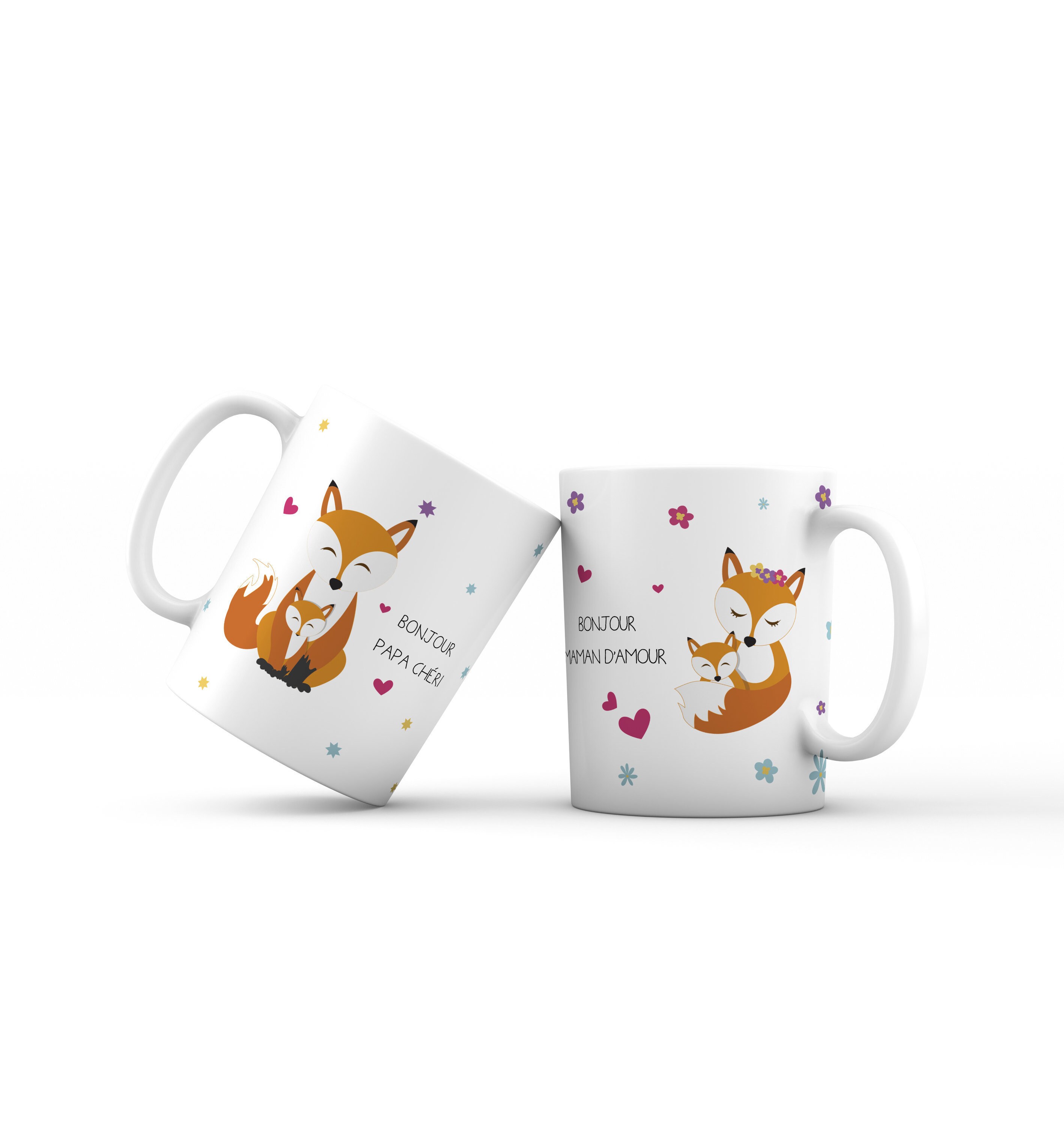 Duo de Mugs. Mugs Idée Cadeau Bonjour Papa Chéri et Maman d'amour Renard. Tasse Personnalisable, Fêt