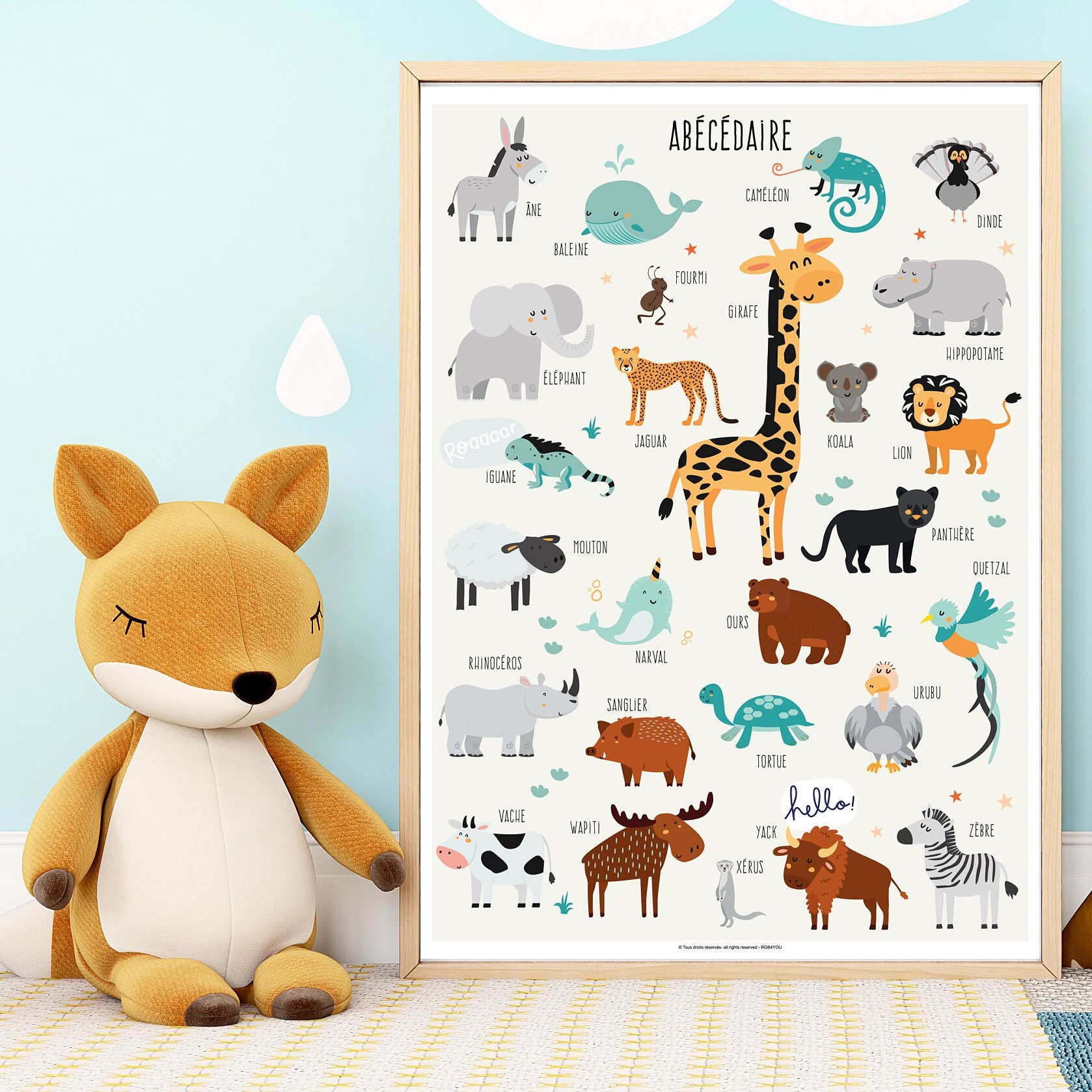 Affiche Abécédaire Animalier. Format A3, Affiche Pour Chambre ou Salle de Jeux Enfants. Poster avec 