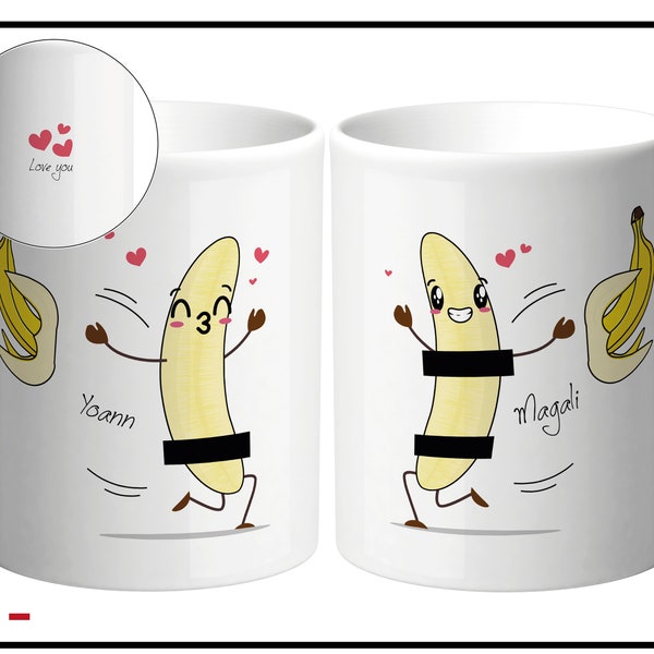 2 mugs pour couple à personnaliser avec prénom. Couple bananes. Deux tasses idée cadeau pour lui, pour elle, Saint Valentin, mariage.
