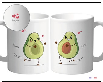 2 mugs pour couple à personnaliser avec prénom. Tasses idée cadeau pour lui, pour elle, Saint Valentin, mariage, anniversaire. Avocat.