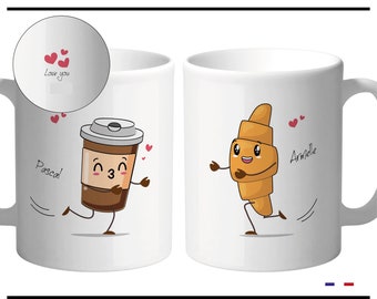 2 mugs pour couple à personnaliser avec prénom. 2 tasses cadeau pour lui, pour elle, Saint Valentin, mariage, anniversaire. Café, croissant.