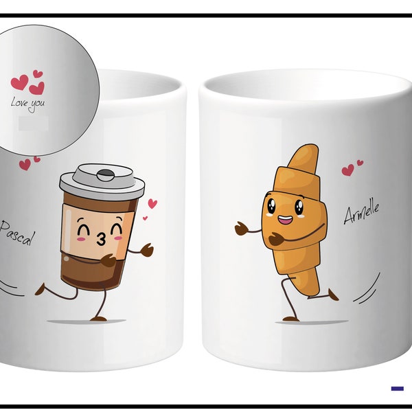 2 mugs pour couple à personnaliser avec prénom. 2 tasses cadeau pour lui, pour elle, Saint Valentin, mariage, anniversaire. Café, croissant.