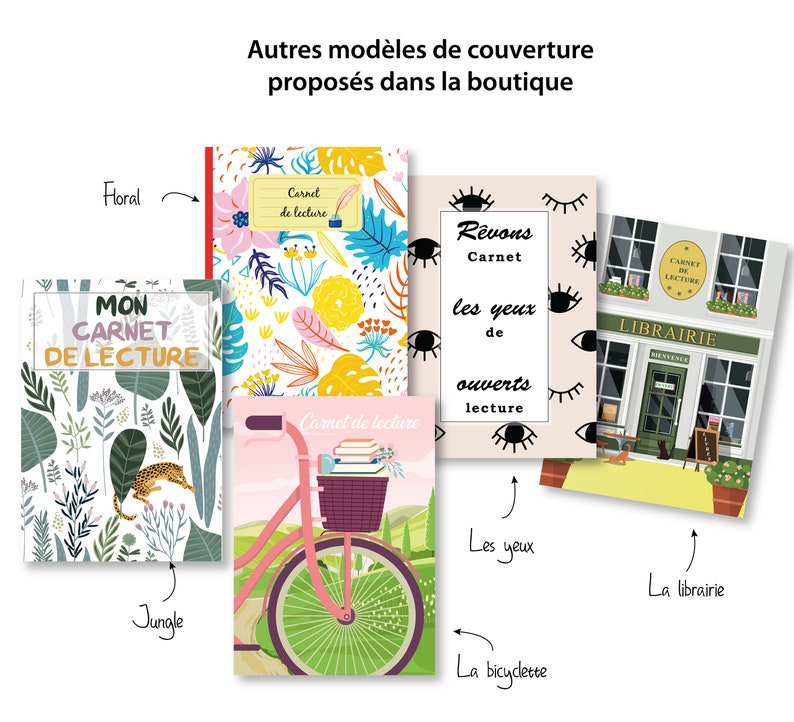 Différentes couvertures au choix pour les cahiers de lecture rgbcréation. Les yeux, floral, la librairie; la bicyclette, la jungle