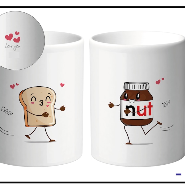 2 mugs pour couple à personnaliser avec prénom. Deux tasses idée cadeau pour lui, pour elle. Couple tartine et nut, confiture, beurre.