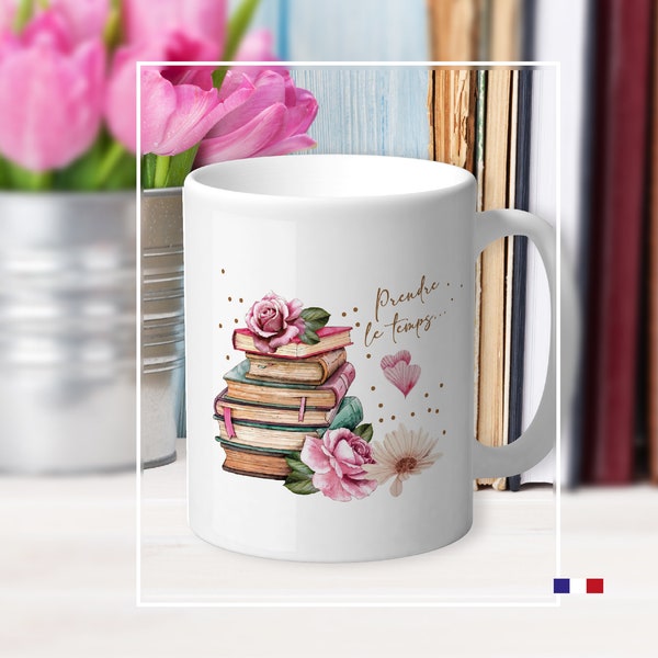 'Take the time' collection mug. For reading and coffee lovers. Illustration of books and flowers. Grandmother's Day gift