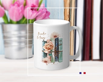 Mug collection 'Prendre le temps'. Pour les mordus de lecture et de café. Illustration livres et fleurs. Cadeau fête des grands-mères