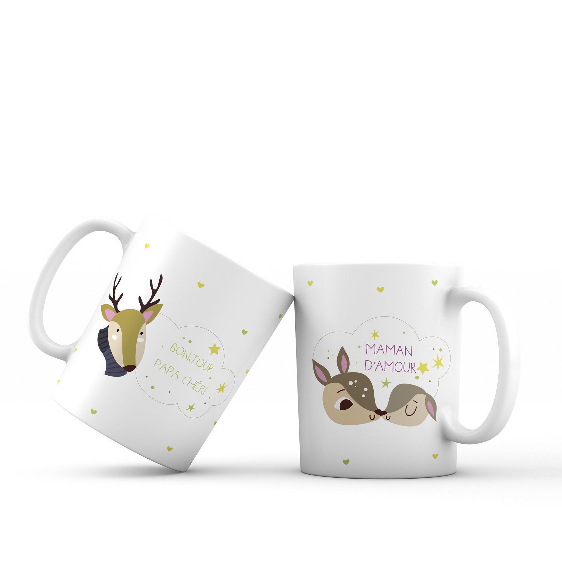 Duo de Mug. Idée Cadeau Fête Des Mères et Pères. Bonjour Papa Chéri Maman d'amour. Personnalisation 