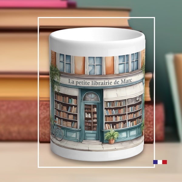 Mug céramique personnalisé. Inscrivez un prénom sur la devanture de la librairie. Mug pour mordus de lecture. Cadeau fête des grands-mères