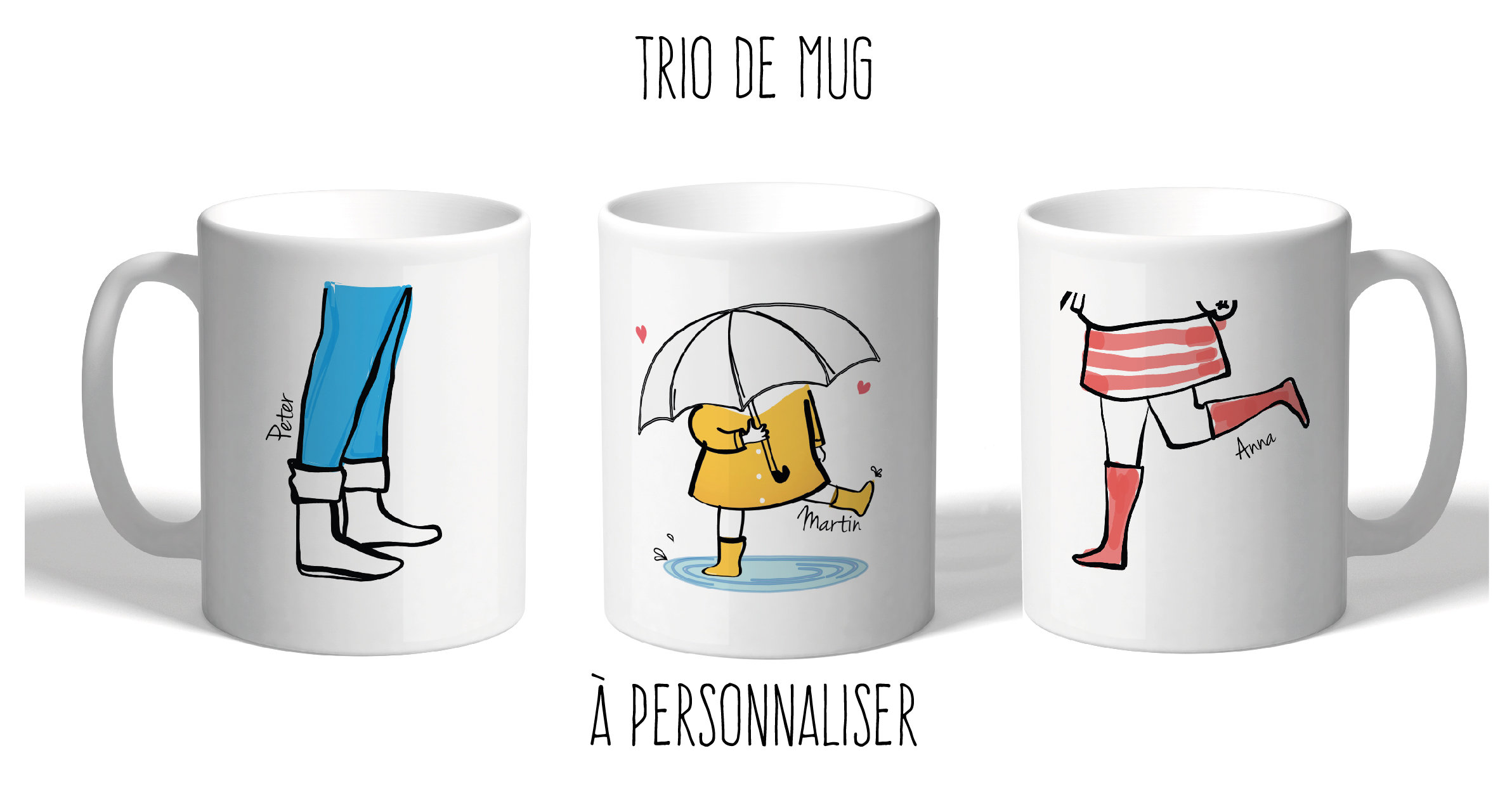 Trio de Mugs Famille. Les Plus Jolies Tasses à Partager en Cadeau Trio Personnaliser. Cadeaux Faire