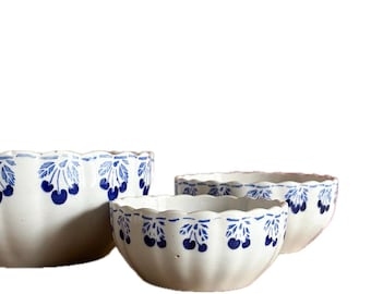 Collection of (3) *RARE* German Stenciled "Blue Cherry" Stoneware Nesting Bowls