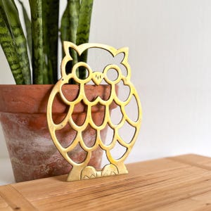 May include: A gold-colored, openwork owl-shaped trivet. The trivet is made of metal and has a detailed design. It is sitting on a wooden surface, with a potted plant in the background.