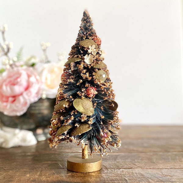 Large Vintage Flocked Composition Bottle Brush Tree // Flowers Shells Gold Glitter Mica // Midcentury Valentine's Day Decor // Old Christmas