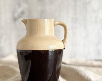 Vintage Two-Tone Stoneware Pitcher ~ Rustic Farmhouse Ceramic Jug ~ Kitchen Pottery Decor
