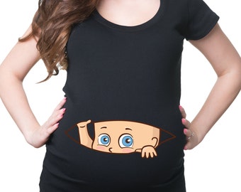 Baby Boy Peeking T-Shirt Maternity Shirt Pregnant Woman Funny Pregnancy Tee Shirt
