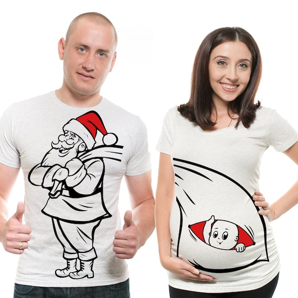 Couple Matching Christmas Birth Announcement T-Shirts Funny Dad Maternity Santa Claus T-Shirt