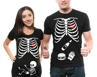 Skeleton Boy Couple Maternity T-Shirt Halloween Costume Funny Halloween Party Cool Tee Shirts