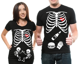 Skeleton Couple Twins Matching T-Shirts Funny Halloween Costume X-Ray Twins Funny Birth Announcement Tee Shirts