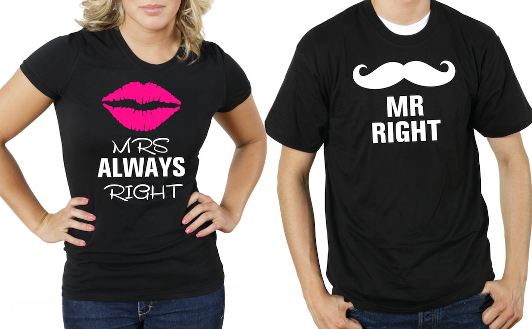 MR Right & MRS Always Right Matching Long Sleeve Couple T-Shirts - Black, Men M/Women L