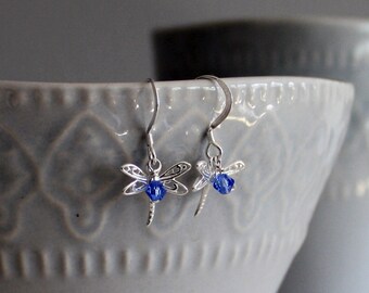 Dragonfly Earrings, Sterling Silver with Crystal bead Accent, pierced earrings FREE SHIPPING