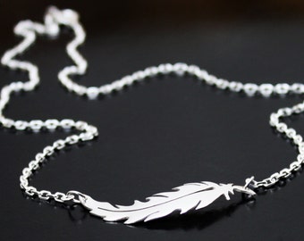 Feather necklace, Sterling Silver Feather Pendant, Sideways feather necklace, layered necklace, handmade unique feather design