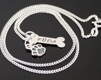 Personalized Dog Paw Print Dog Bone name necklace Sterling silver Memorial Necklace Dog Memorial Jewelry, Dog Paw Print Charm Dog Lover gift
