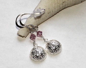 Sterling Silver Seed of Life Birthstone earrings, silver filigree pierced earrings, yoga jewelry, FREE SHIPPING