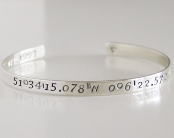 Personalized Coordinates Bracelet | Sterling Silver Cuff | GPS Location Jewelry | Custom Map Gift for Him or Her