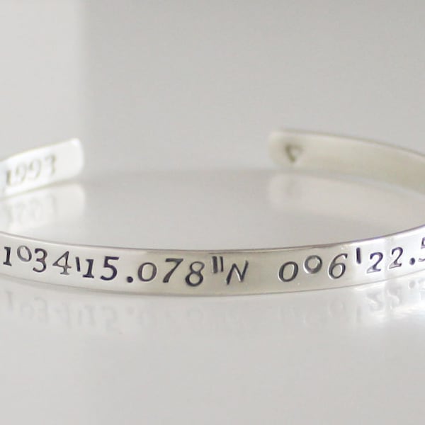 Personalized Silver Cuff Bracelet, Custom Bracelet Bangle, Sterling Silver Coordinates Bracelet, Cuff for her, Gift for her or him