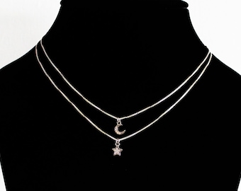 Delicate Crescent Silver Moon Necklace  or Star Necklace, Minimalist Gift for Her Celestial Moon with Cubic Zirconia Layering