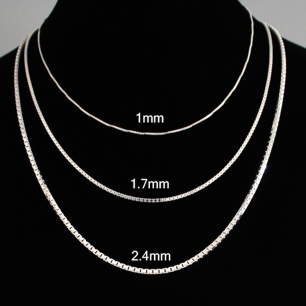 Silver Box Chain Necklace, Box Link Chain. Solid Sterling Silver 14 16 18 20 22 24 30 36 inch Venetian Chain Thick Thin Box Chain